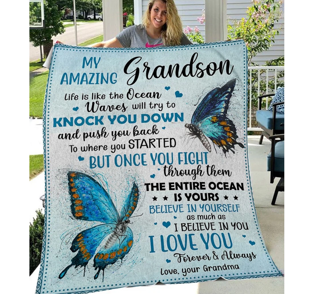 Throw Blanket, Quilt - Butterfly To My Grandson The Entire Ocean Is Yours Sherpa Fleece