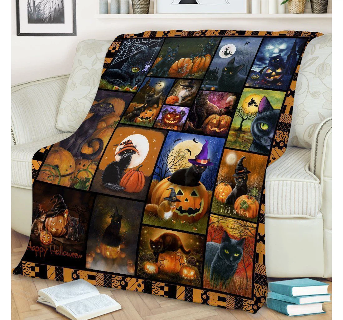 Throw Blanket, Quilt - Btl0507 Halloween Halloween Black Cat In The Halloween Night Sherpa Fleece