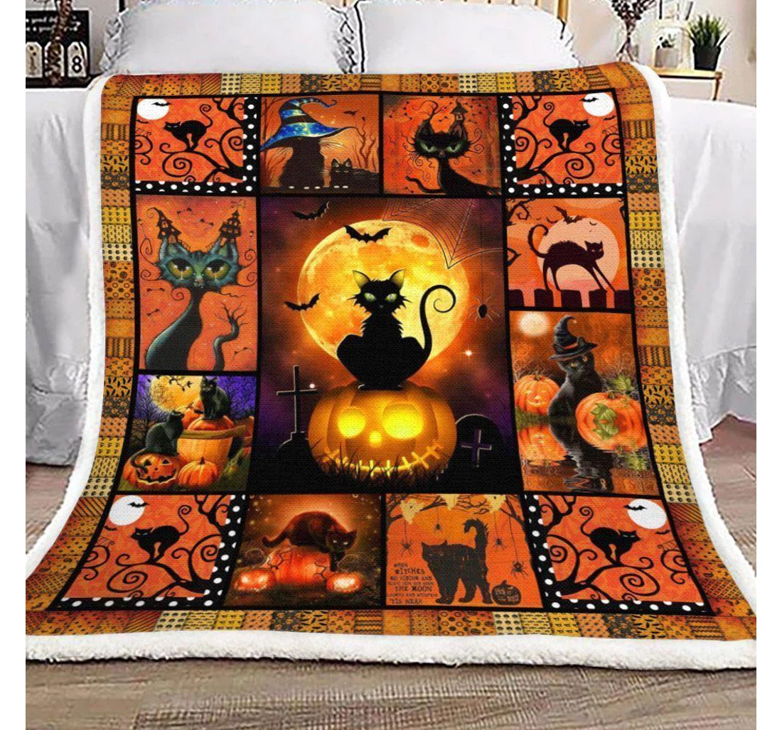 Throw Blanket, Quilt - Halloween Black Cat Happy Halloween Sherpa Fleece