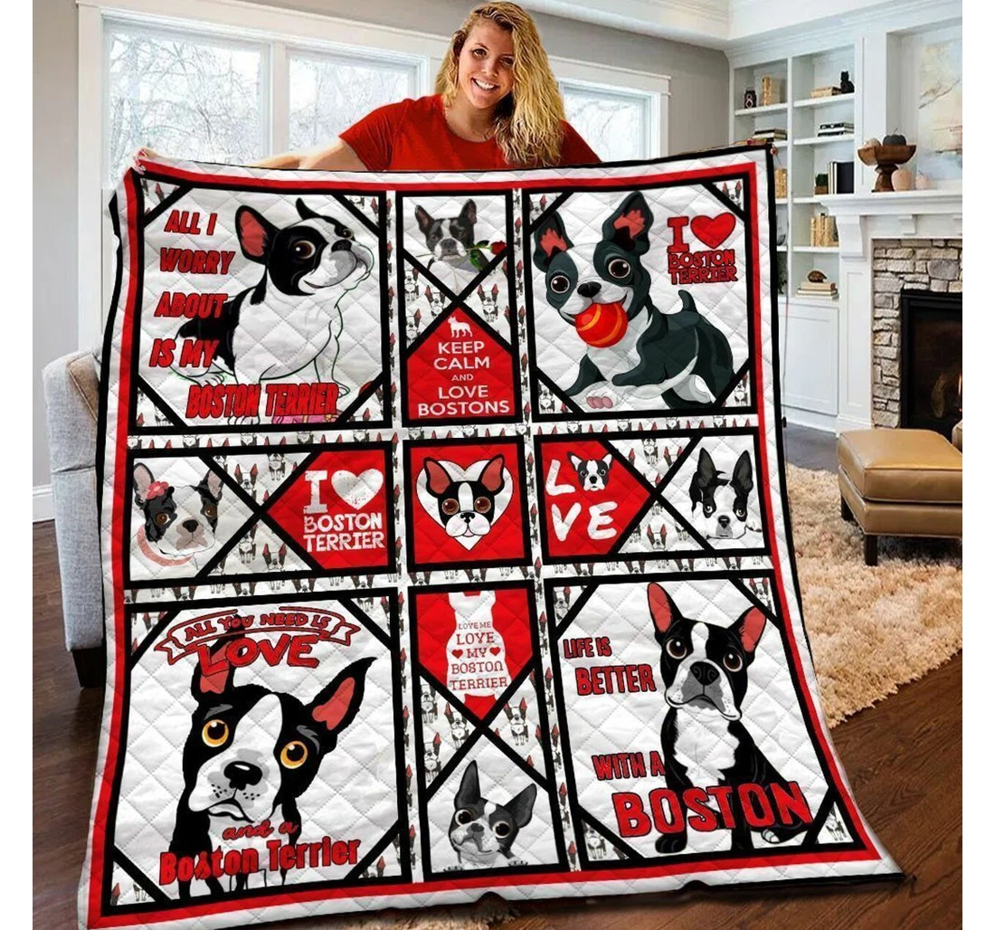 Throw Blanket, Quilt - Boston Terrier Keep Calm And Love Boston Sherpa Fleece