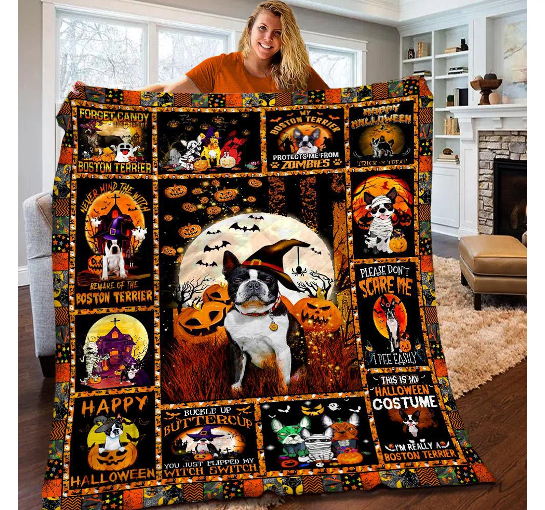 Throw Blanket, Quilt - Boston Terrier Halloween Be Ware Of The Boston Terrier Sherpa Fleece