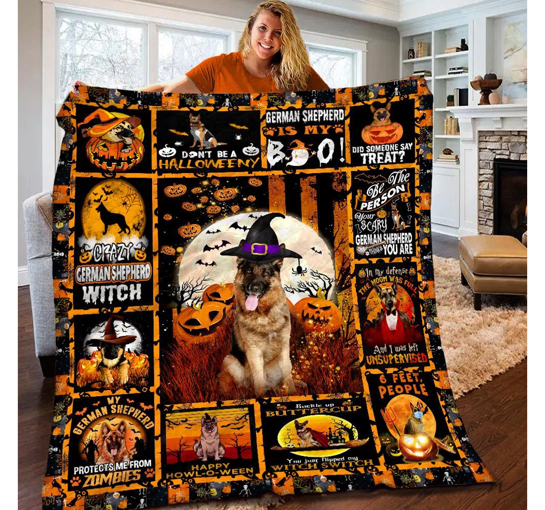 Throw Blanket, Quilt - German Shepherd Halloween My German Shepherd Protects Me From Zombies Sherpa Fleece