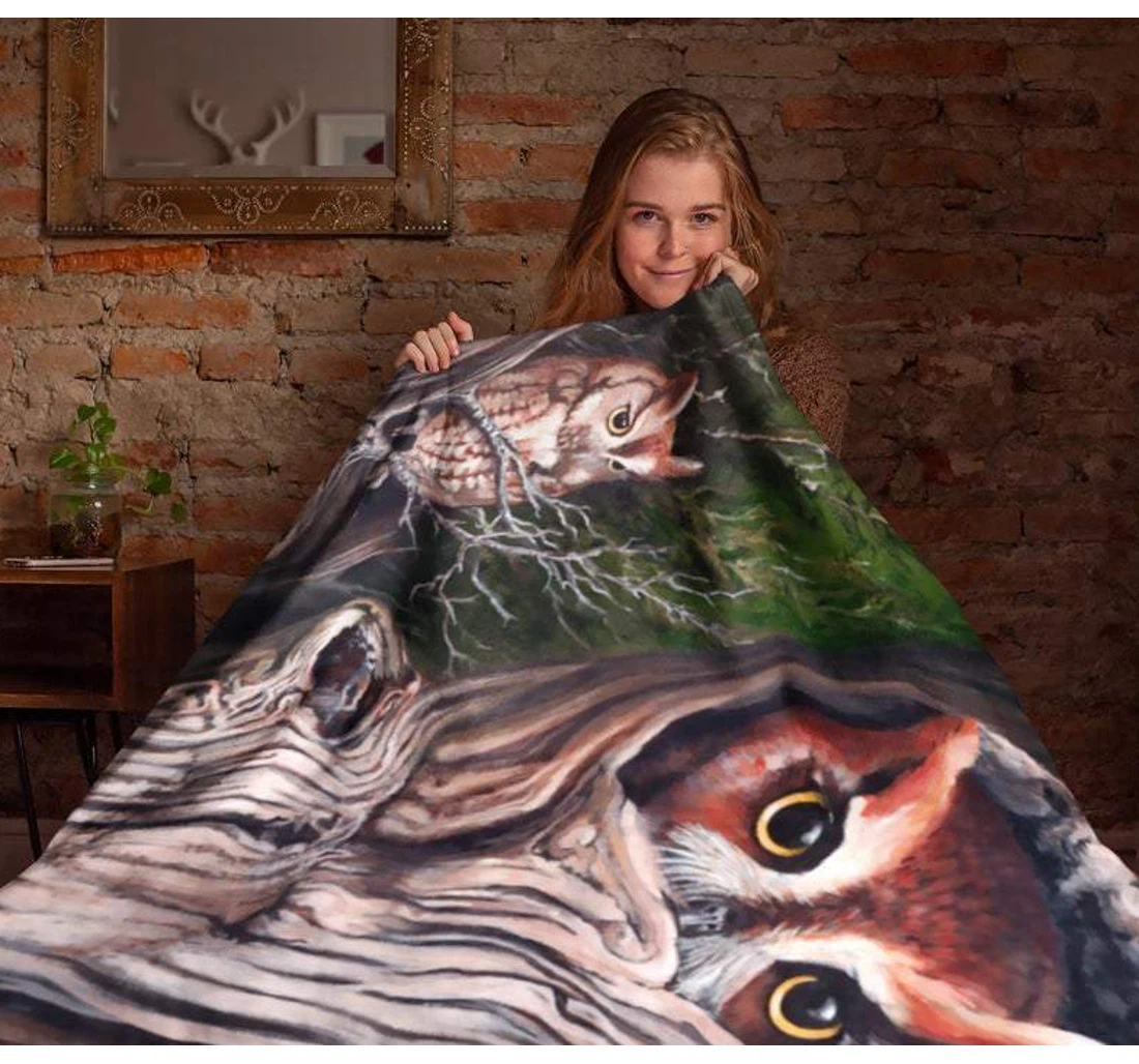 Throw Blanket, Quilt - Owl Owls In The Forest Art Sherpa Fleece