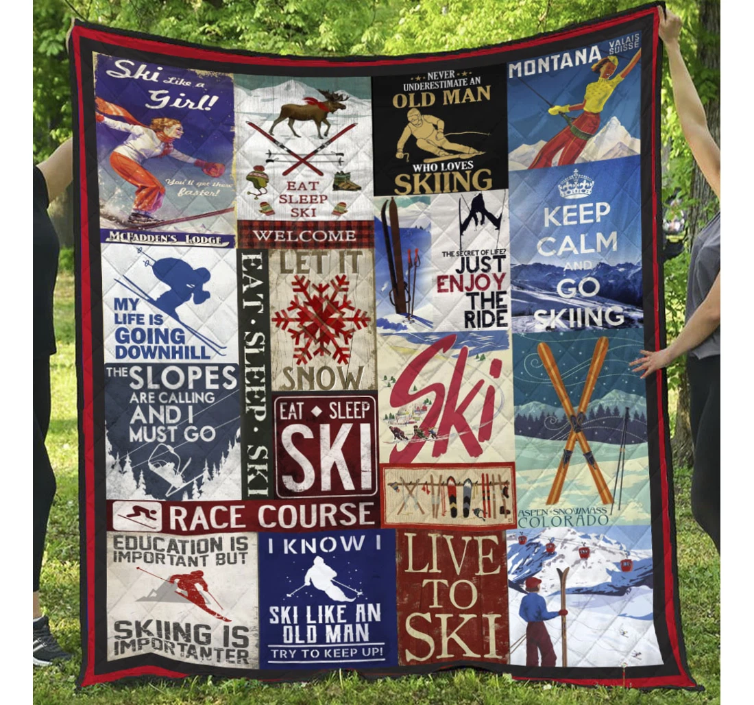 Throw Blanket, Quilt - Skiing Let It Snow Sherpa Fleece