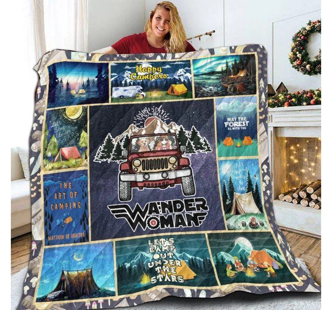 Throw Blanket, Quilt - Camping Wander Woman Sherpa Fleece