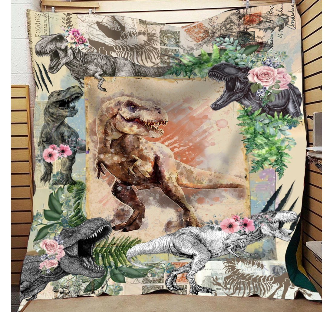 Throw Blanket, Quilt - Easter Dinosaur Tropical Leaves T-rex Sherpa Fleece