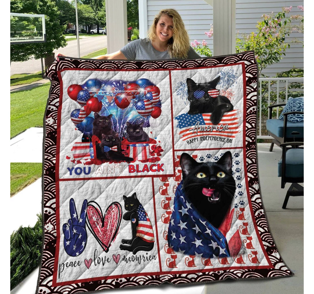 Throw Blanket, Quilt - Cat Black Cat And Flag American Sherpa Fleece