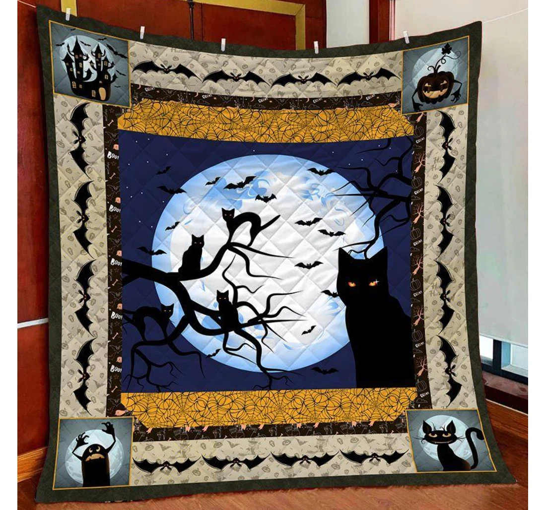 Throw Blanket, Quilt - Cat Halloween Black Cat And Moon Sherpa Fleece