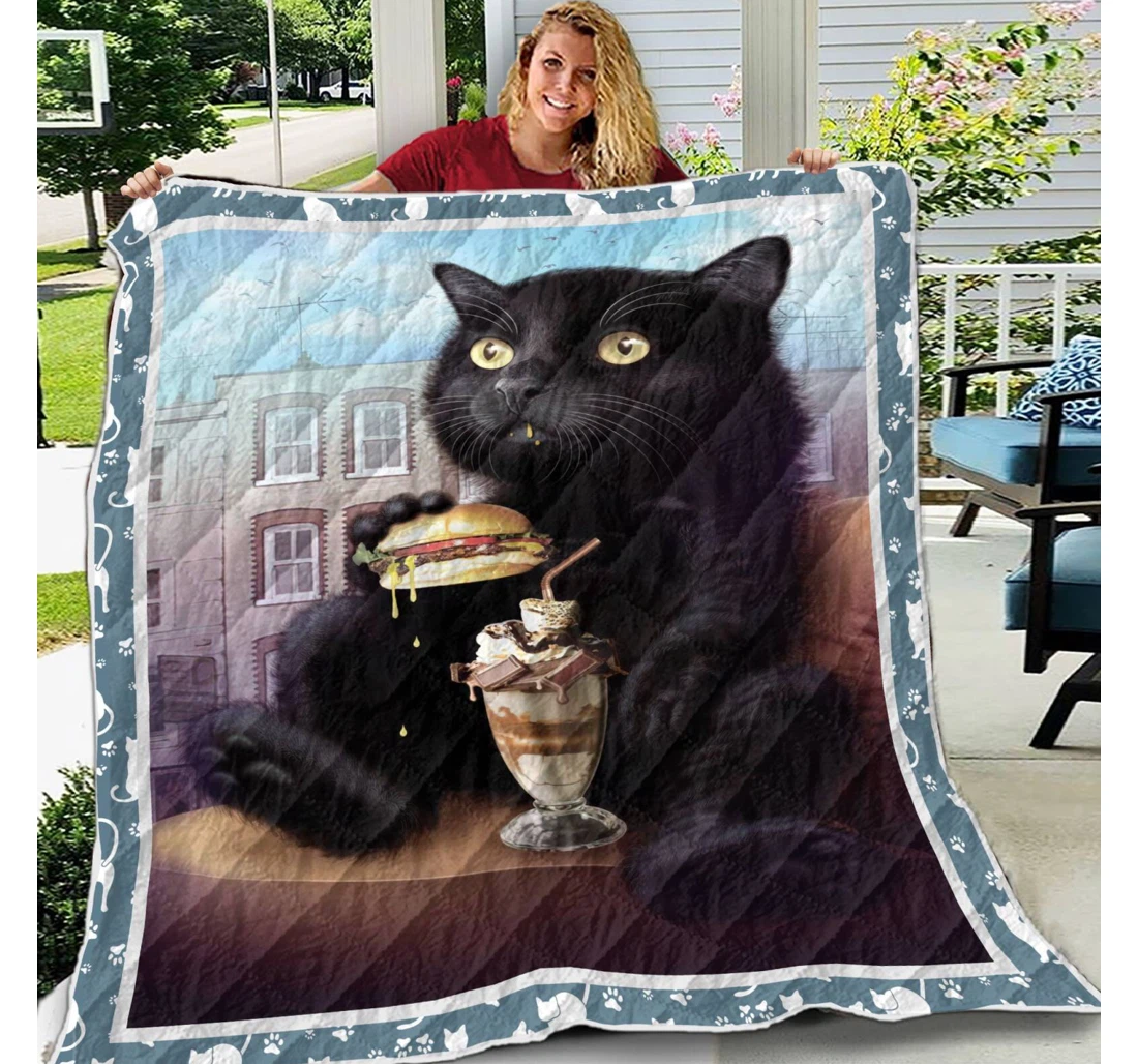 Throw Blanket, Quilt - Cat Black Cat And Ice Cream Sherpa Fleece