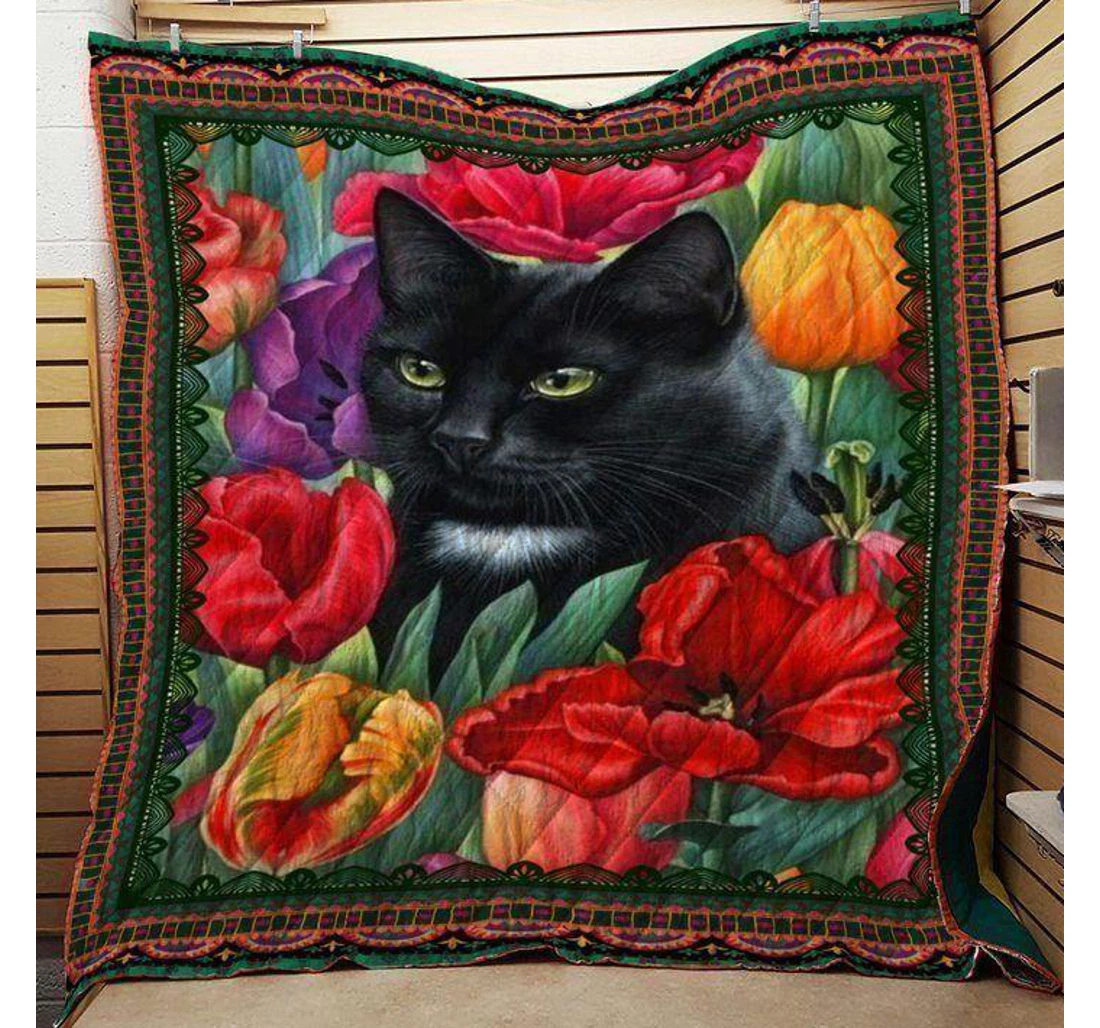 Throw Blanket, Quilt - Cat In Flower Garden Sherpa Fleece