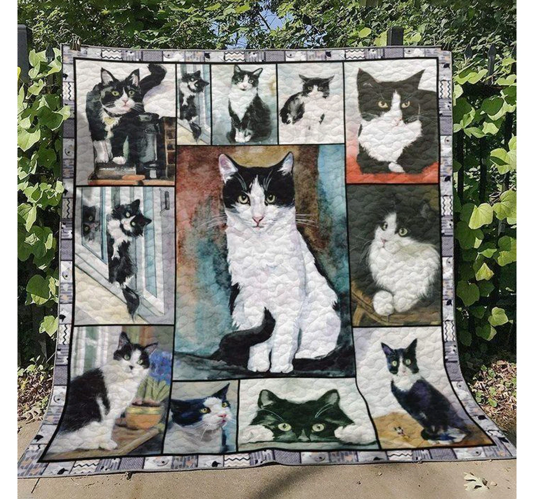 Throw Blanket, Quilt - Cat Black And White Cat Sherpa Fleece