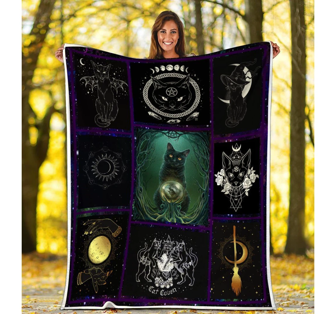 Throw Blanket, Quilt - Cat Halloween Black Cat Coven Sherpa Fleece