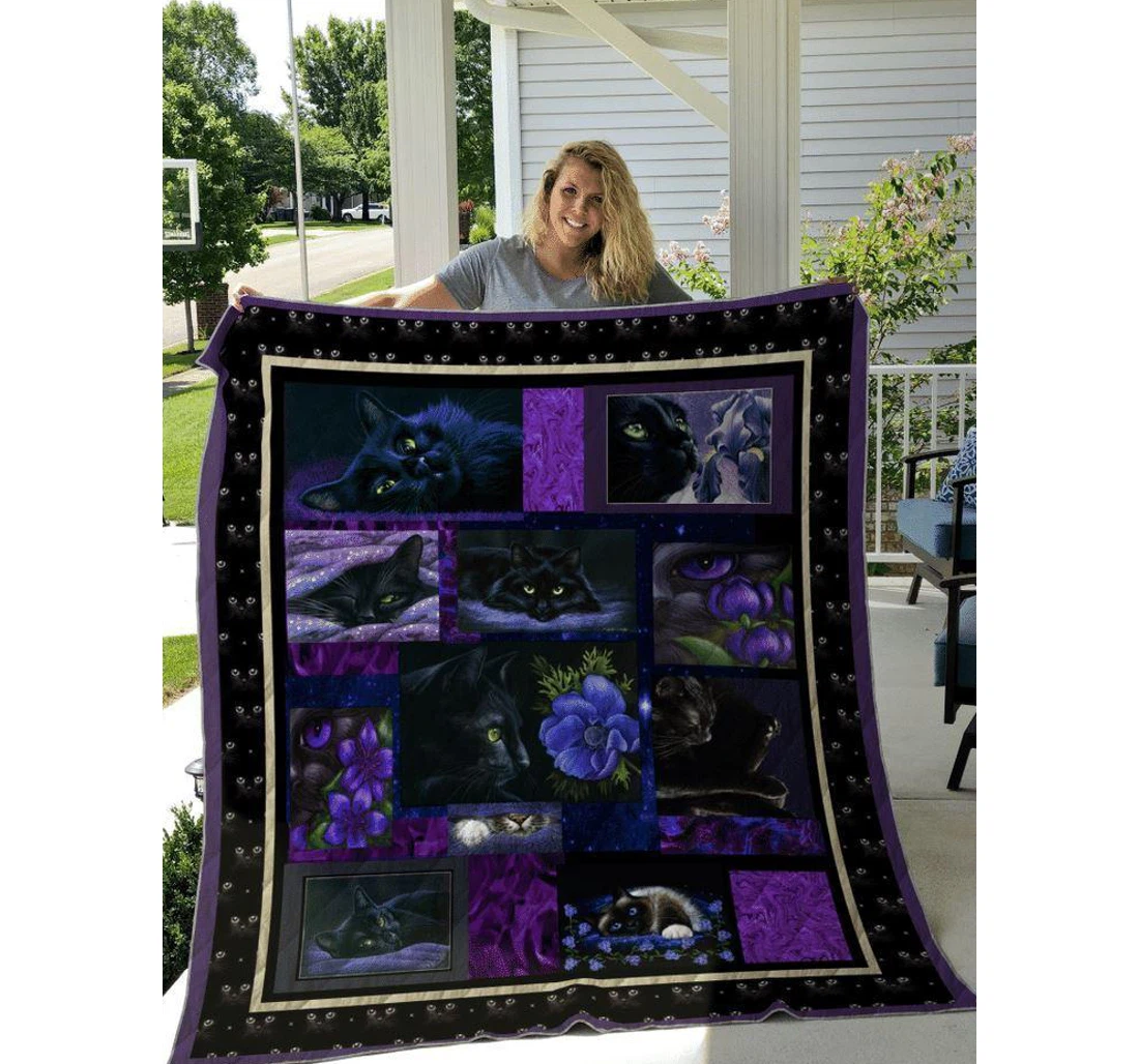 Throw Blanket, Quilt - Cat Black Cat With Purple Flower Sherpa Fleece