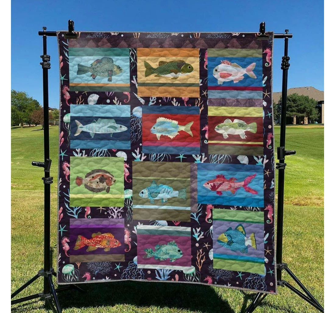 Throw Blanket, Quilt - Fishing Sea Fish Sherpa Fleece