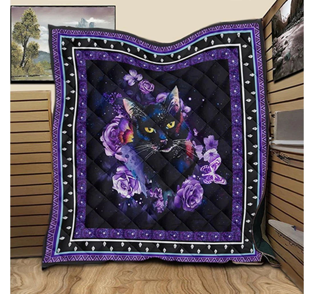 Throw Blanket, Quilt - Cat Black Cat And Purple Floral Sherpa Fleece