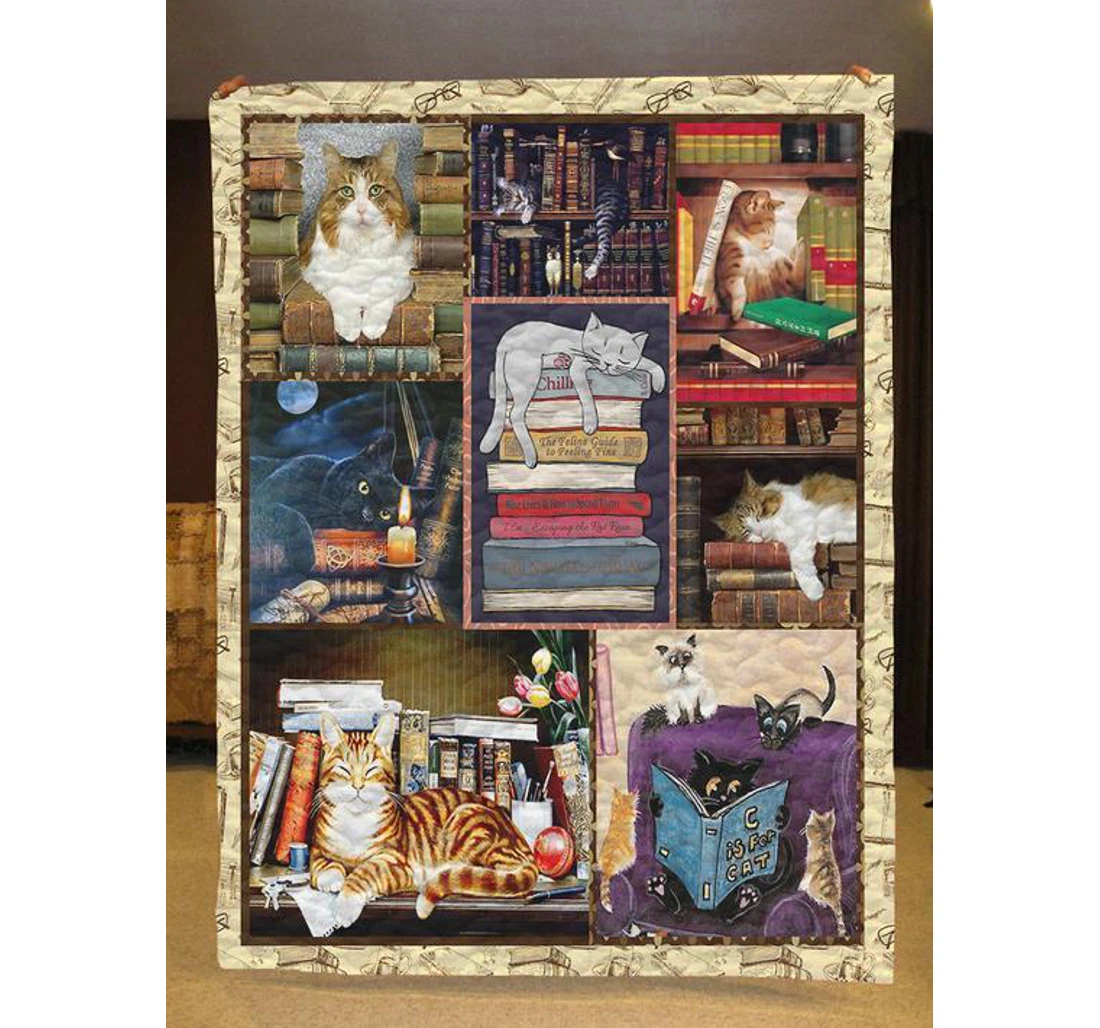 Throw Blanket, Quilt - Cat Cats And Books Sherpa Fleece