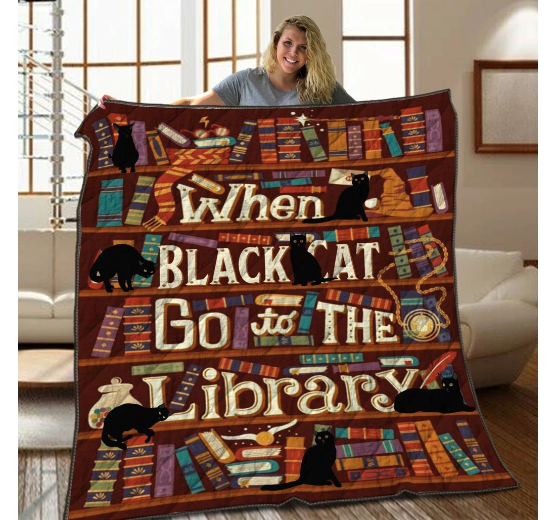 Throw Blanket, Quilt - Cat Black Cat And Library Sherpa Fleece