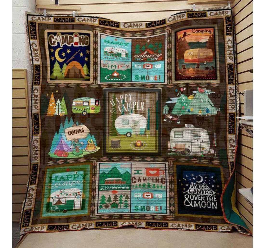 Throw Blanket, Quilt - Camping Happy Camper Sherpa Fleece