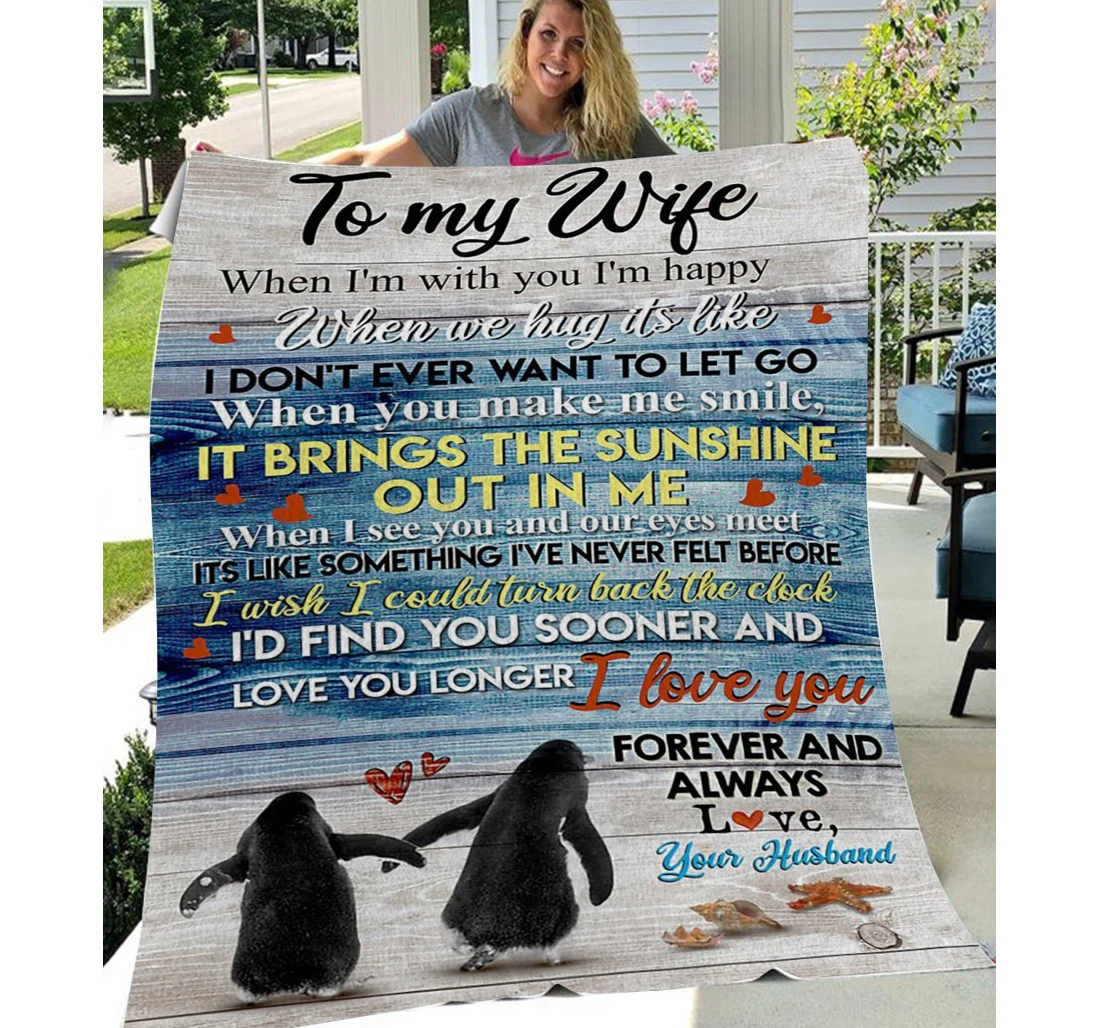 Throw Blanket, Quilt - Personalized To My Wife Family Penguin Love You Longer Sherpa Fleece