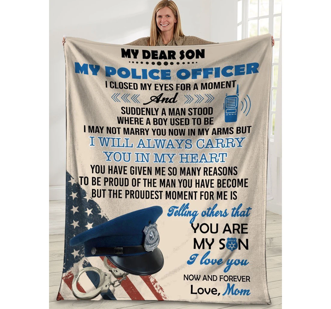 Throw Blanket, Quilt - To My Son Family Police I Will Always Carry You In My Heart Sherpa Fleece