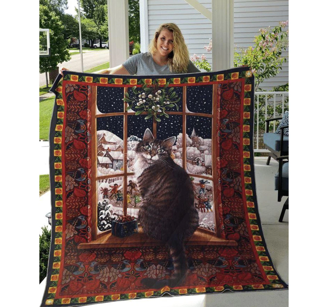 Throw Blanket, Quilt - Cat Cat Beside Window Sherpa Fleece