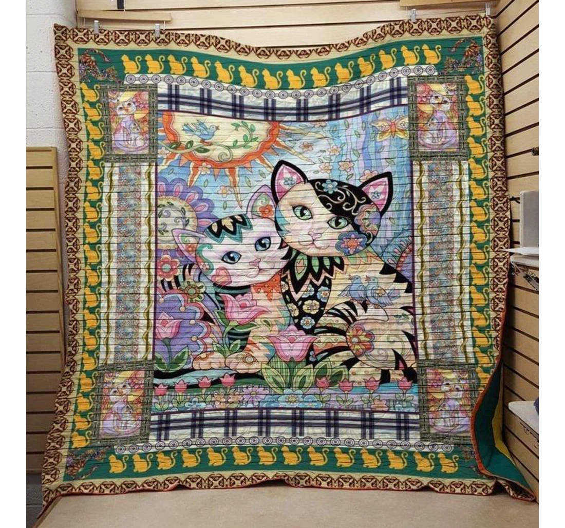 Throw Blanket, Quilt - Cat Hippie Couple Cat Sherpa Fleece