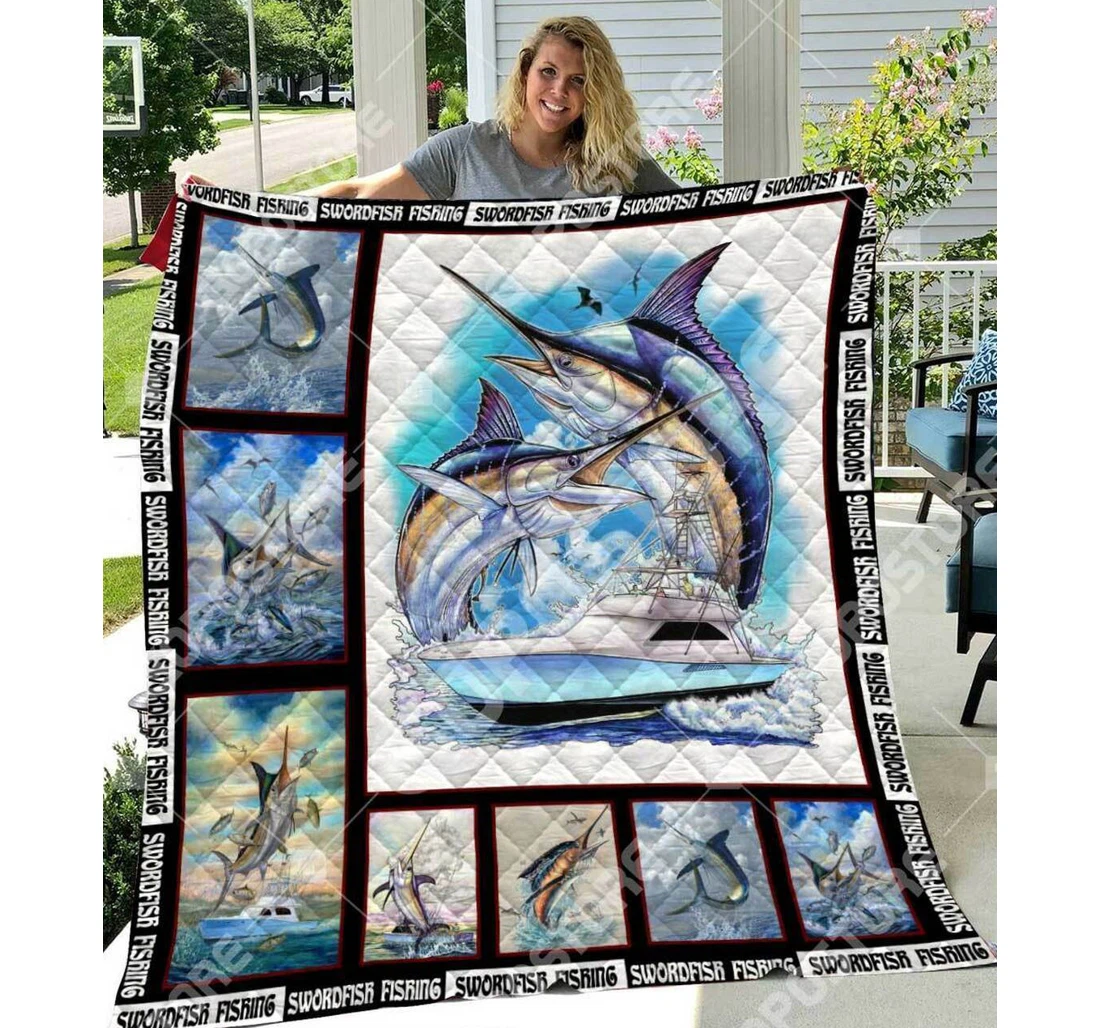 Throw Blanket, Quilt - Fishing Swordfish Fishing Sherpa Fleece