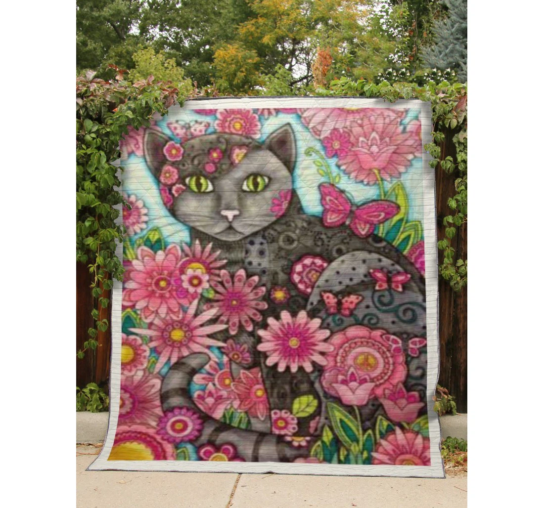 Throw Blanket, Quilt - Cat Cat In Pink Flowers Garden Sherpa Fleece