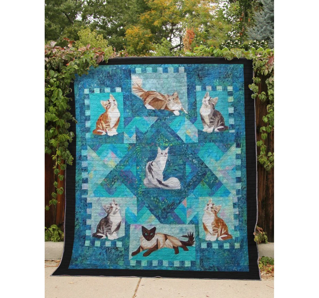 Throw Blanket, Quilt - Cat Cat On Blue Background Sherpa Fleece