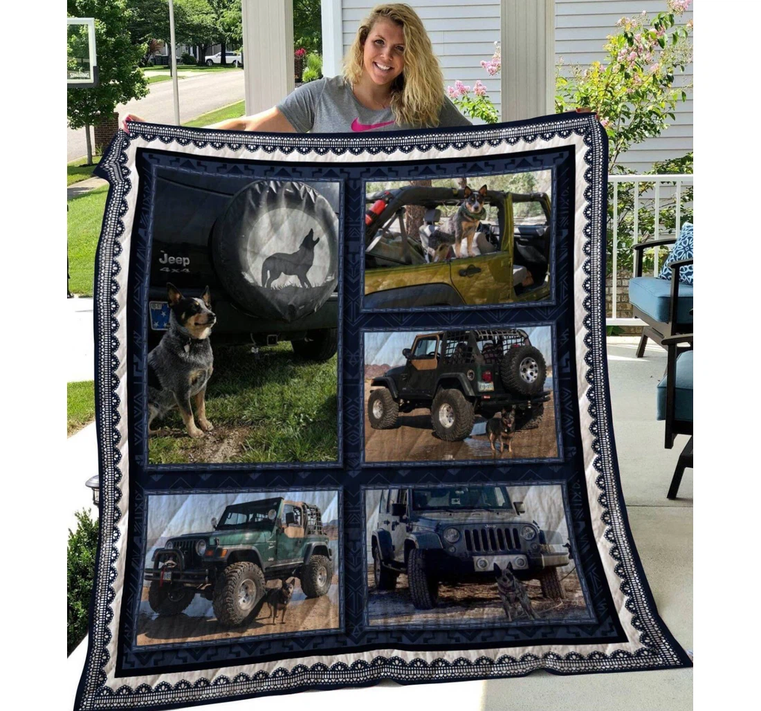 Throw Blanket, Quilt - Australian Cattle Dogs With Car Sherpa Fleece