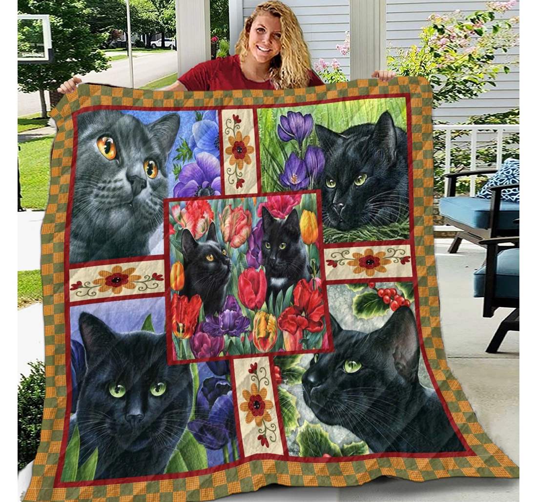 Throw Blanket, Quilt - Cat Black Cat And Tulip Sherpa Fleece