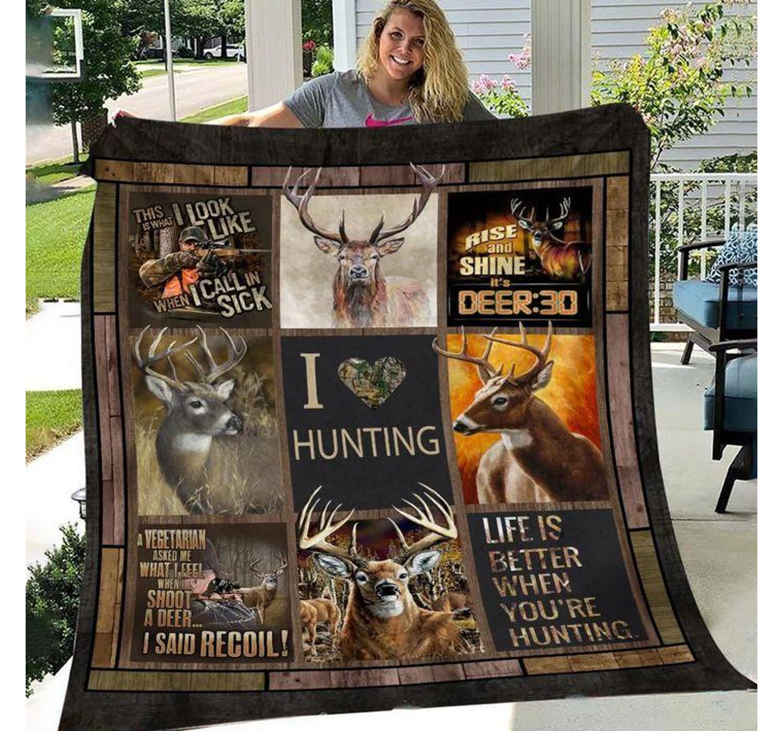 Throw Blanket, Quilt - Deer Hunting I Love Hunting Sherpa Fleece