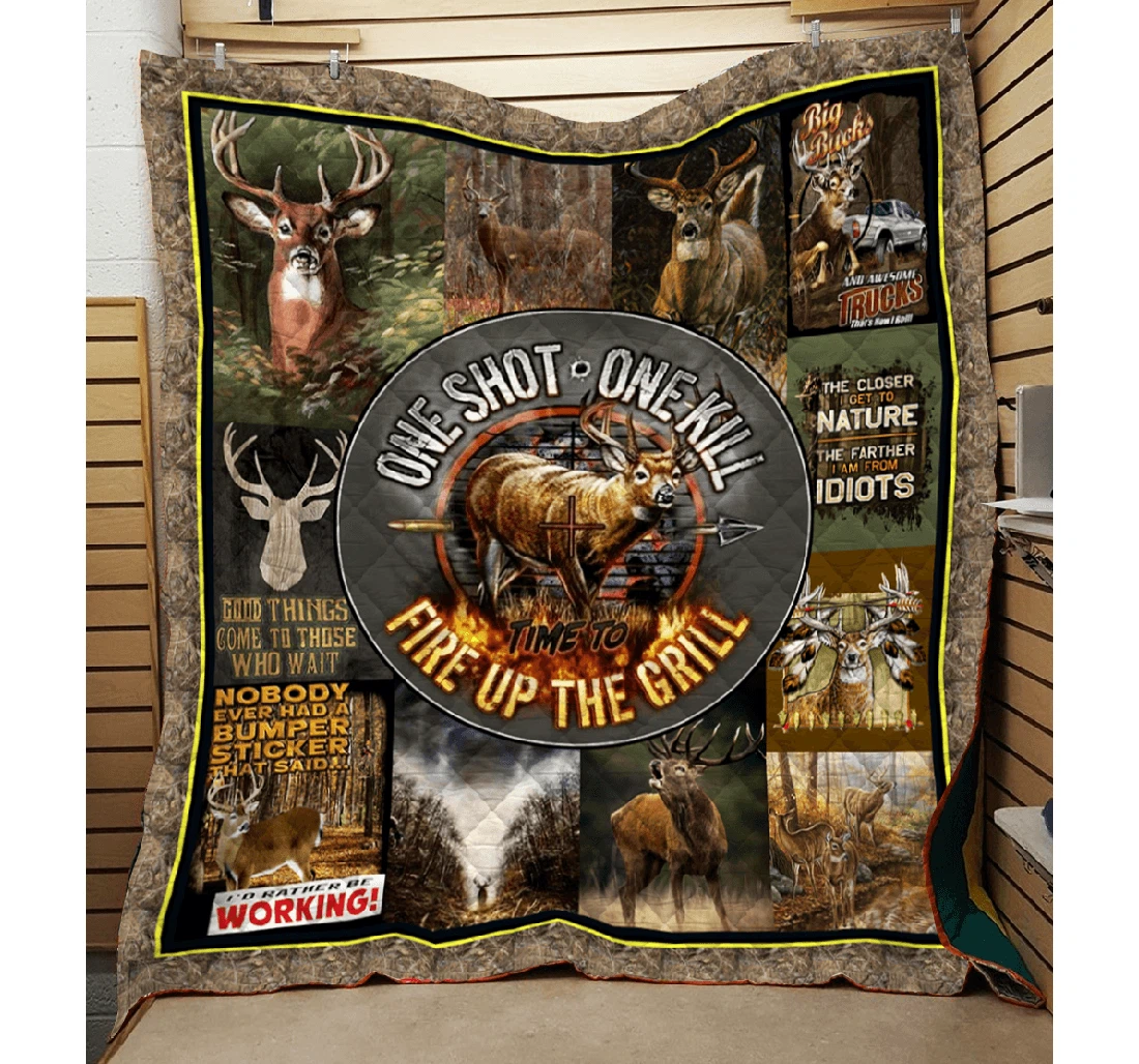 Throw Blanket, Quilt - Deer Hunting One Shot One Kill Time To Fire Up The Grill Sherpa Fleece