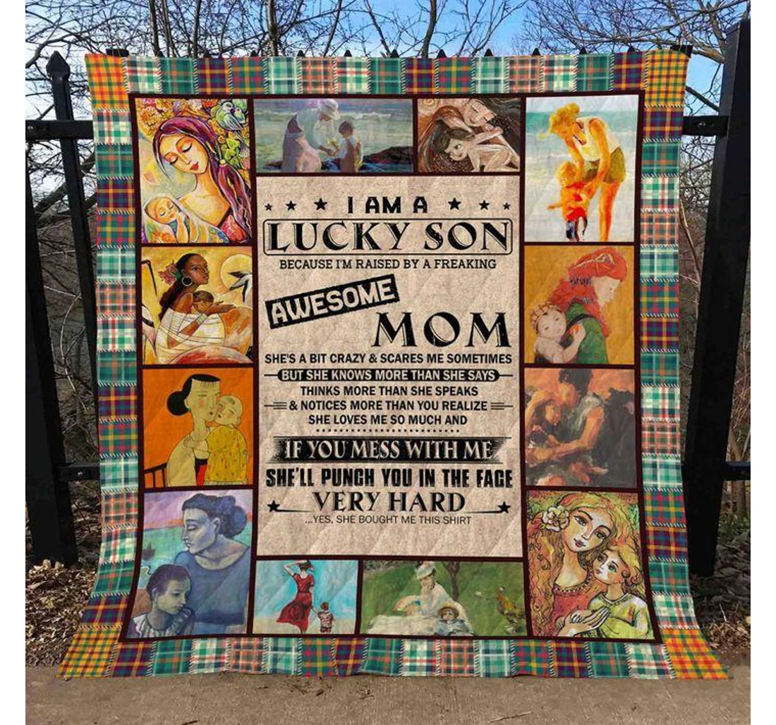 Throw Blanket, Quilt - Family I Am A Lucky Son Sherpa Fleece