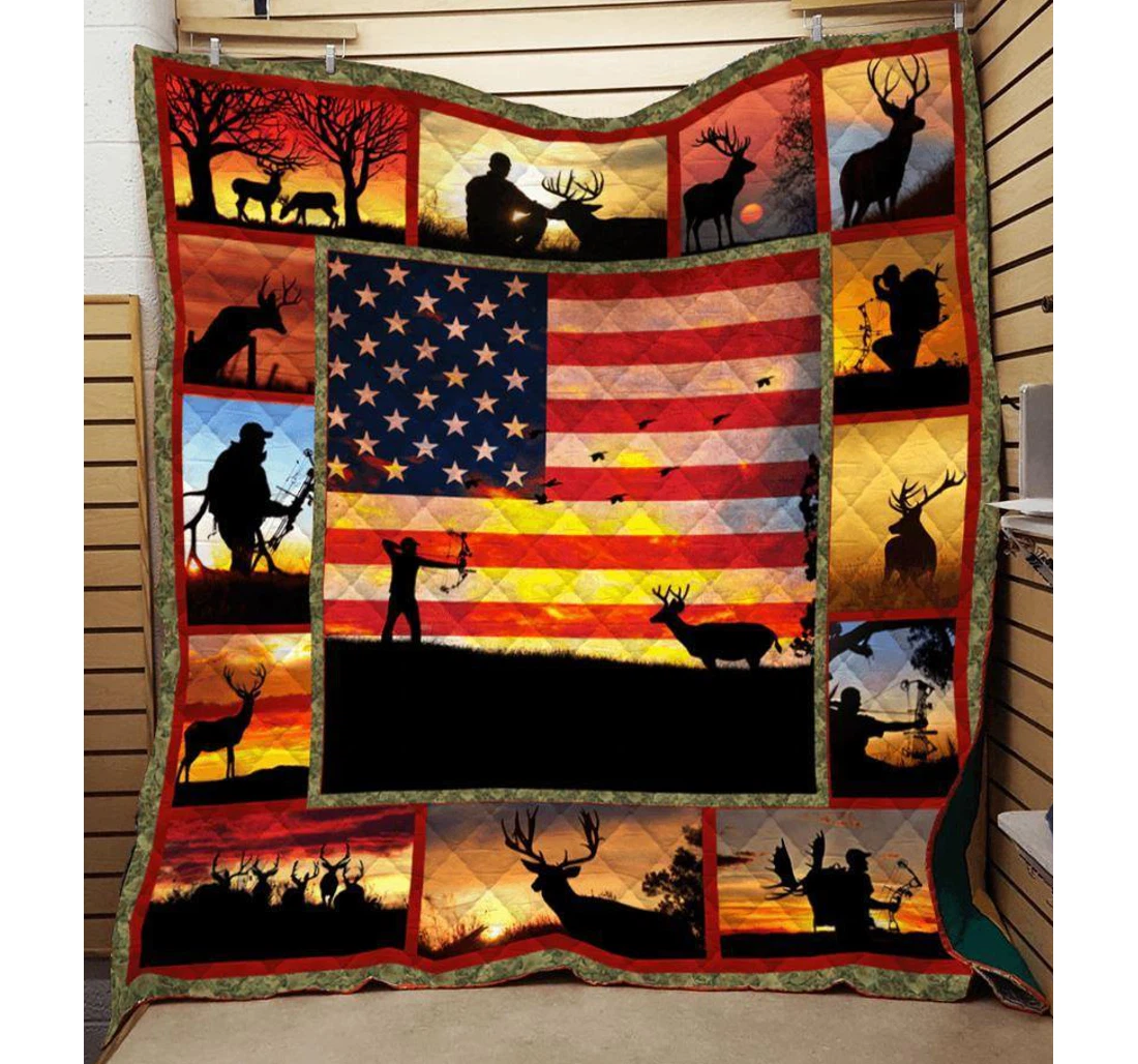 Throw Blanket, Quilt - Deer Hunting Sunset American Flag Sherpa Fleece