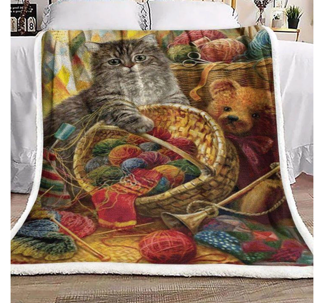 Throw Blanket, Quilt - Cat Cat And Wool Ball Sherpa Fleece