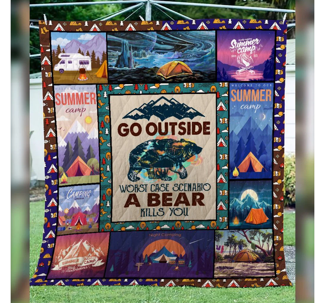 Throw Blanket, Quilt - Camping Go Outside Worst Case A Bear Kills You Sherpa Fleece