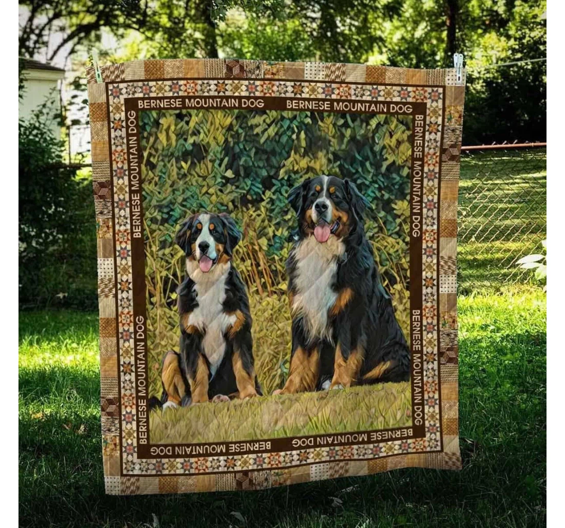 Throw Blanket, Quilt - Bernese Mountain Two Dogs In The Meadow Sherpa Fleece