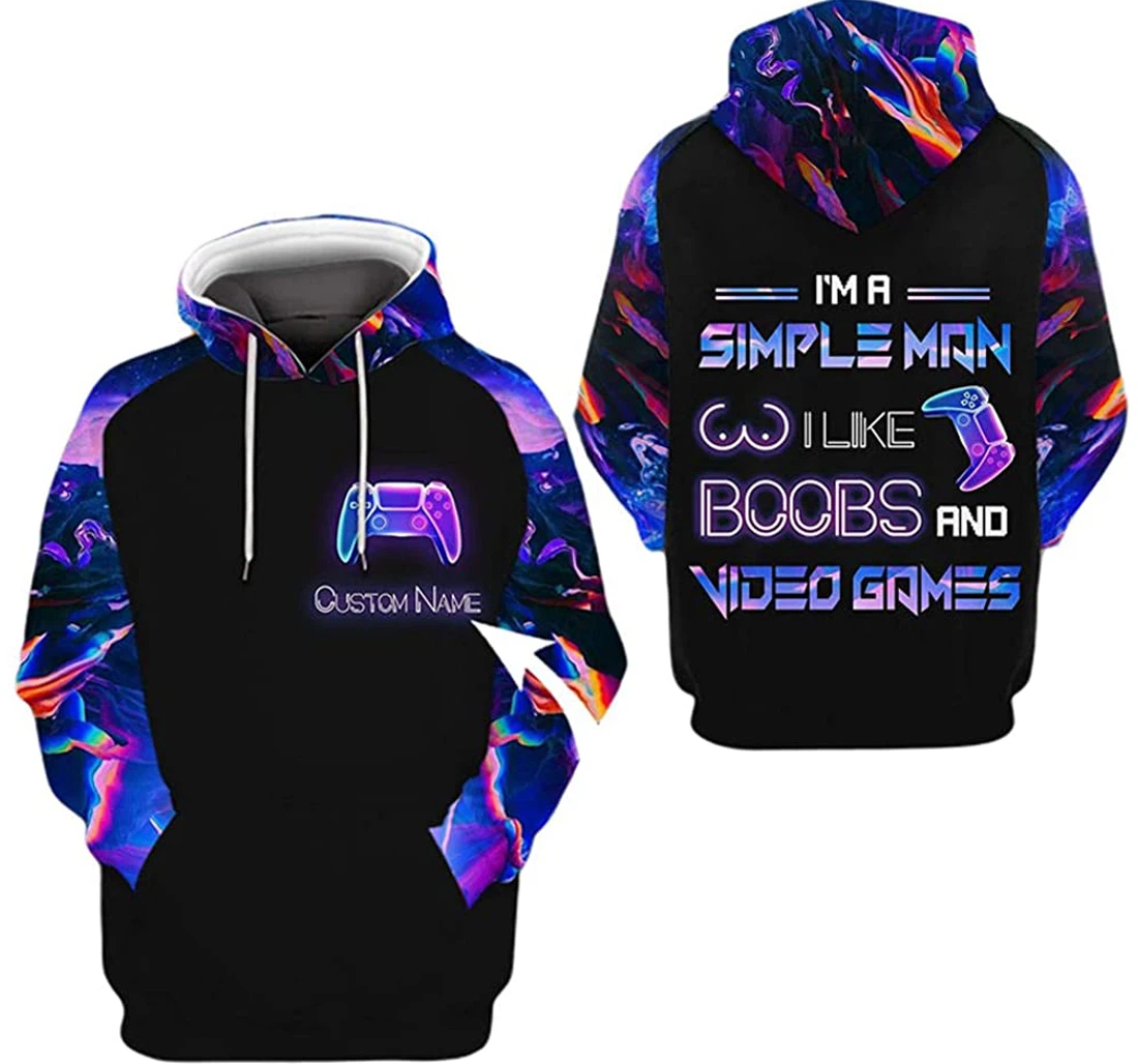 Personalized Name Gamer Play Station Im A Simple Man I Like Boobs And Video Games - 3D Printed Pullover Hoodie