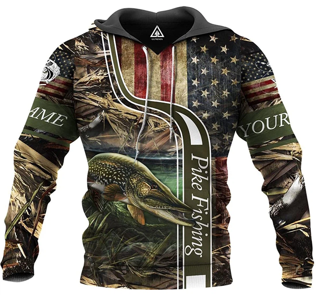 Personalized Name Fishing Pike Fishing Camo And Us Flag Pattern - 3D Printed Pullover Hoodie