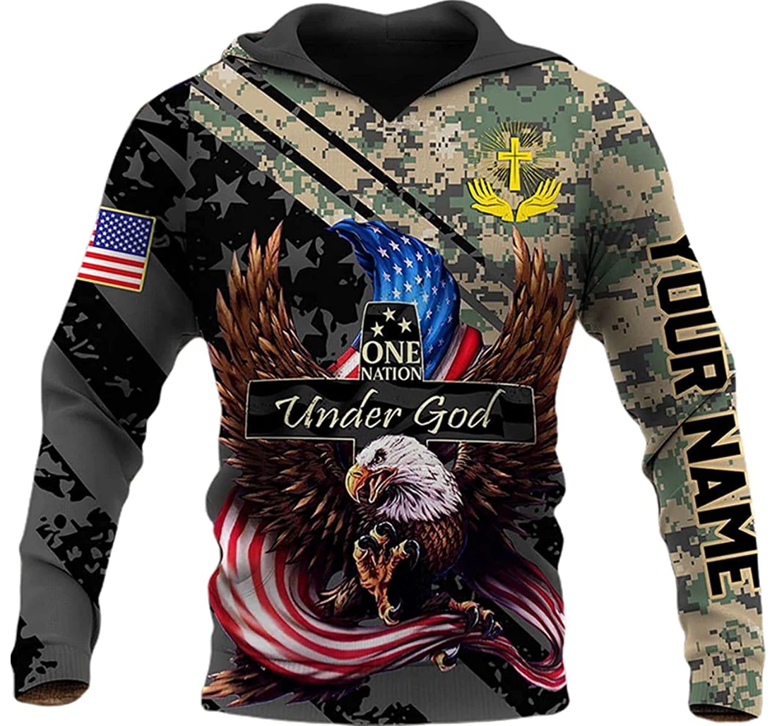 Personalized Name Us Eagle Camo Pattern One Nation Under God - 3D Printed Pullover Hoodie