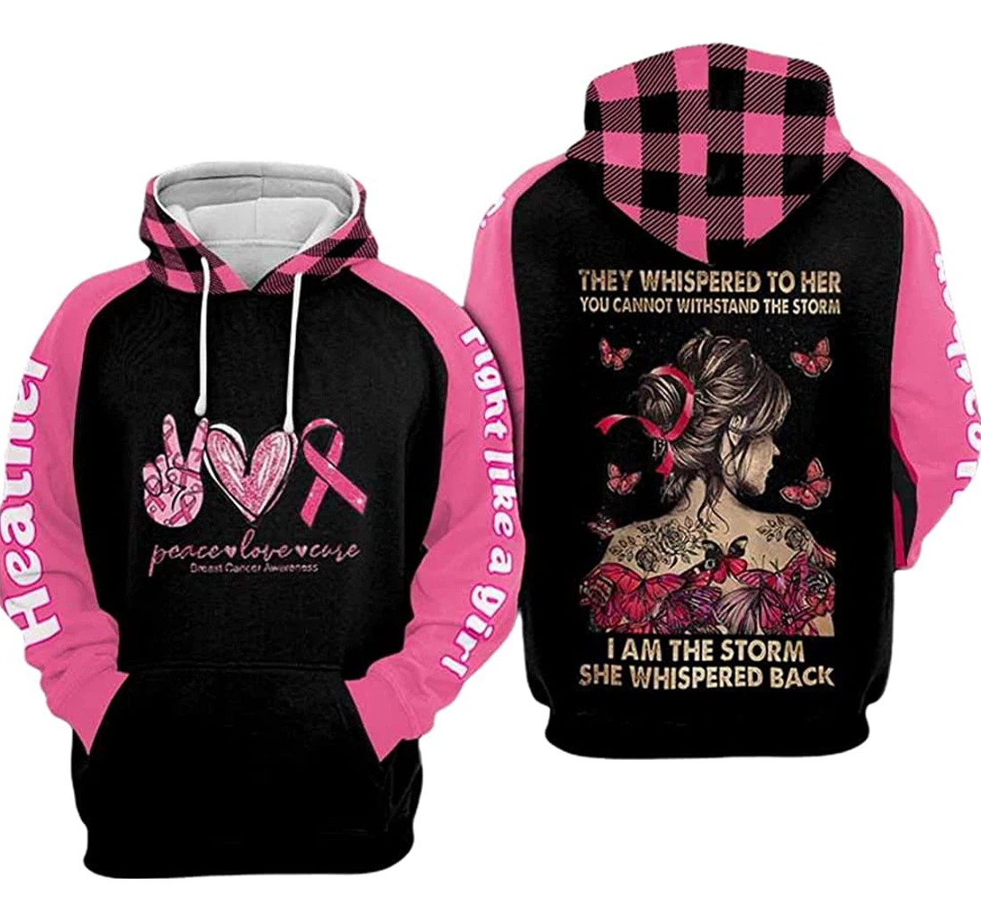 Personalized Name Breast Cancer Peace Love Cure Pink Girl And Butterfly I Am The Storm - 3D Printed Pullover Hoodie
