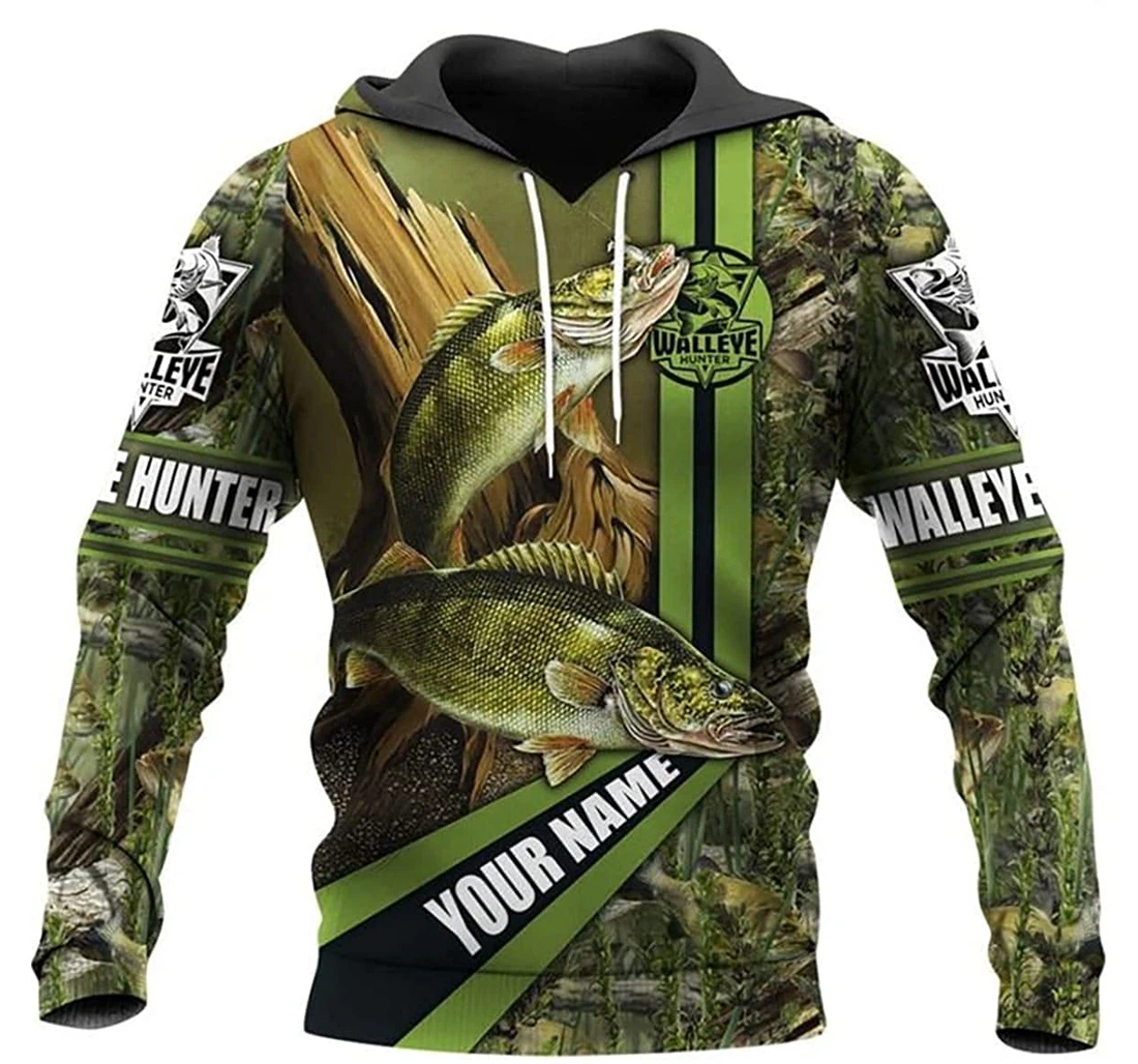 Personalized Name Walleye Fishing Green Camo Pattern 3 - 3D Printed Pullover Hoodie