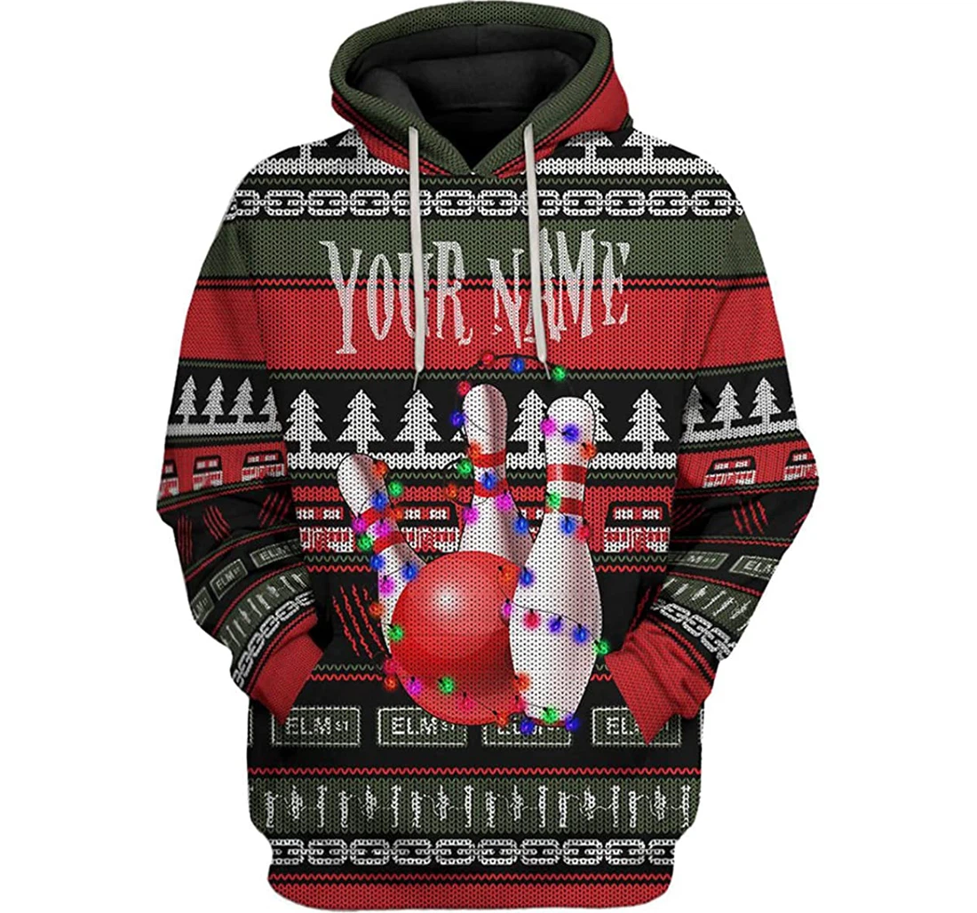 Personalized Name Bowling Ugly Christmas Lights - 3D Printed Pullover Hoodie