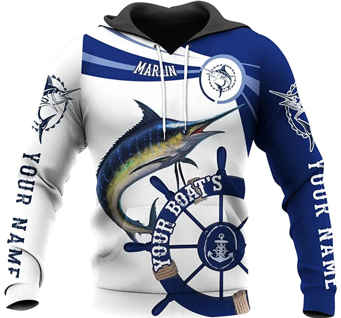 Personalized Name Marlin Fishing Blue And White Background - 3D Printed Pullover Hoodie