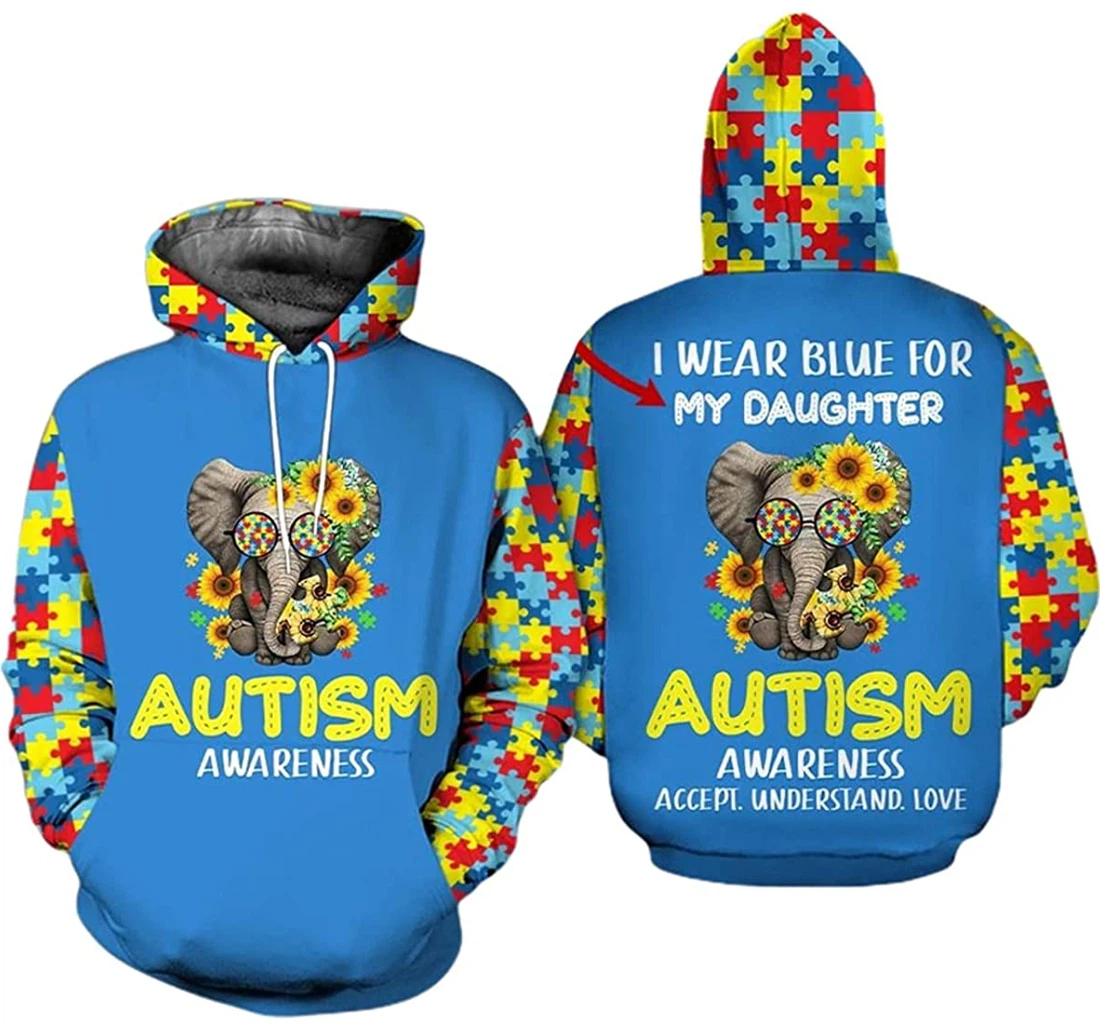 Personalized Name Sunflower Elephant Colorful Puzzle I Wear Blue My Daughter Autism - 3D Printed Pullover Hoodie