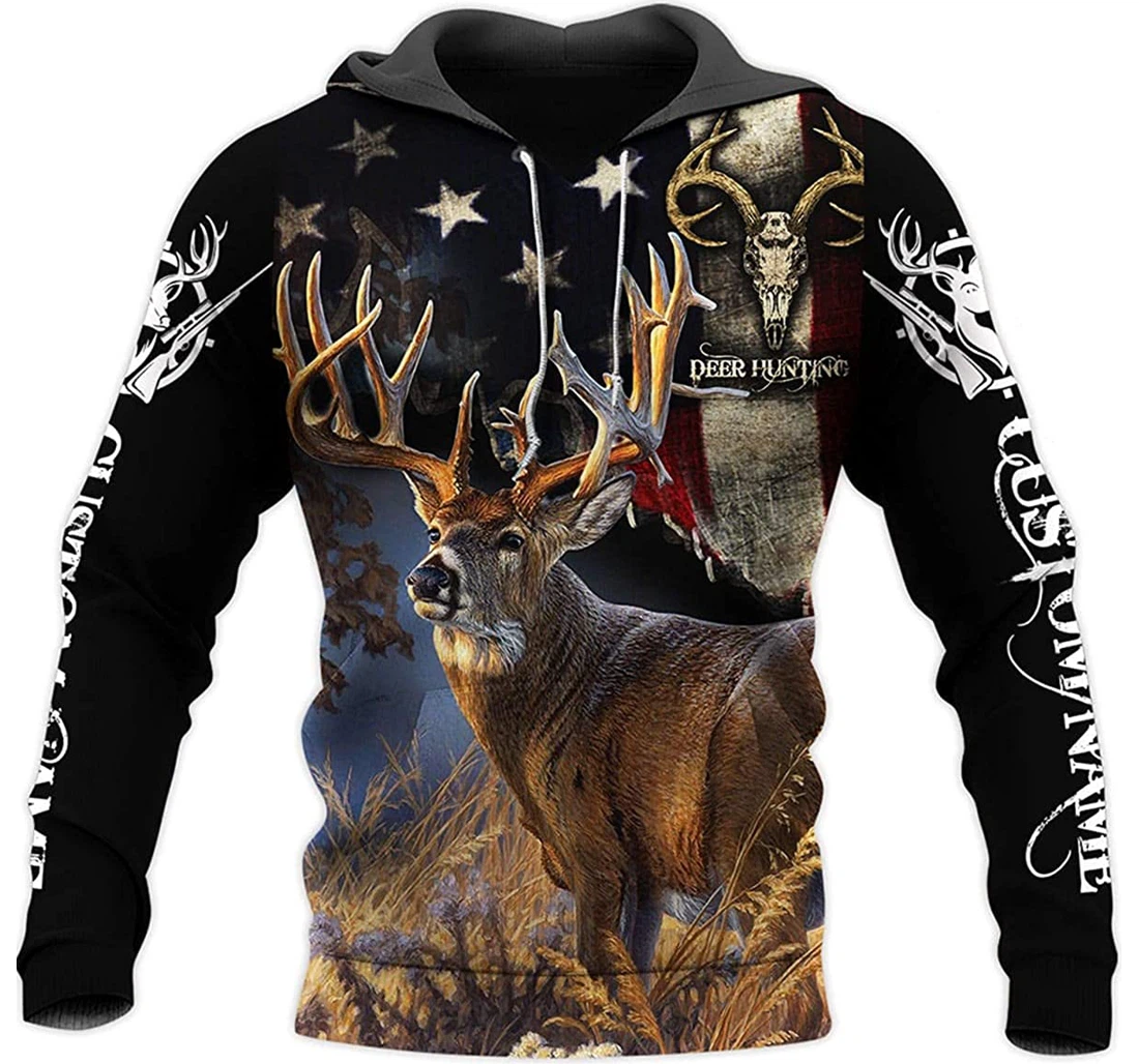 Personalized Name Deer Hunting Us Flag - 3D Printed Pullover Hoodie