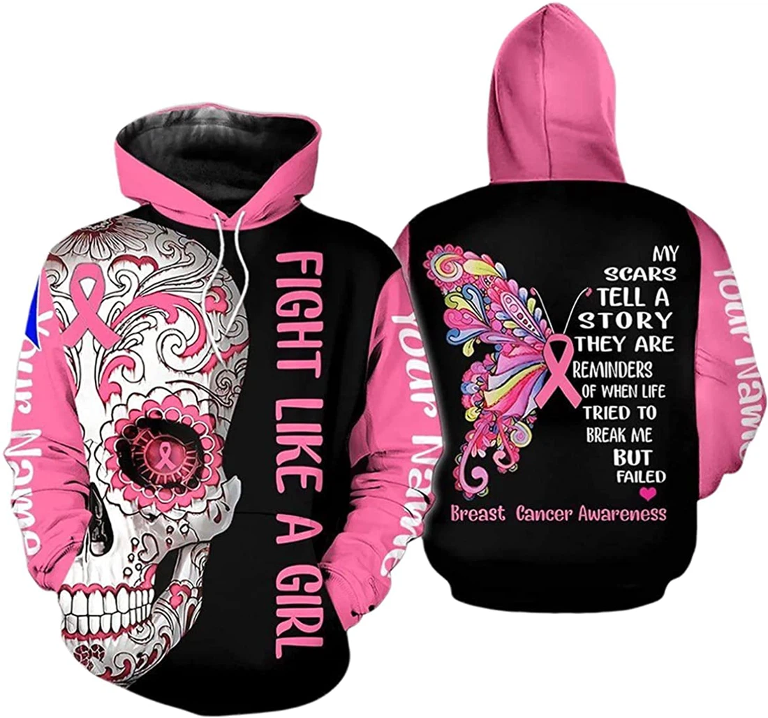 Personalized Name Breast Cancer Awareness Skull Pink My Scars Tell A Story - 3D Printed Pullover Hoodie