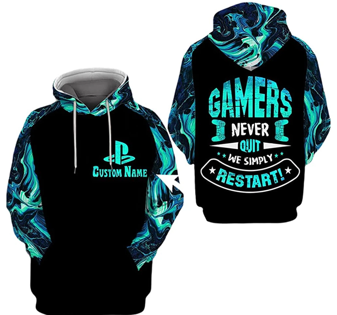 Personalized Name Gamers Never Quit We Simply Restart Illusion Green Color And Background - 3D Printed Pullover Hoodie