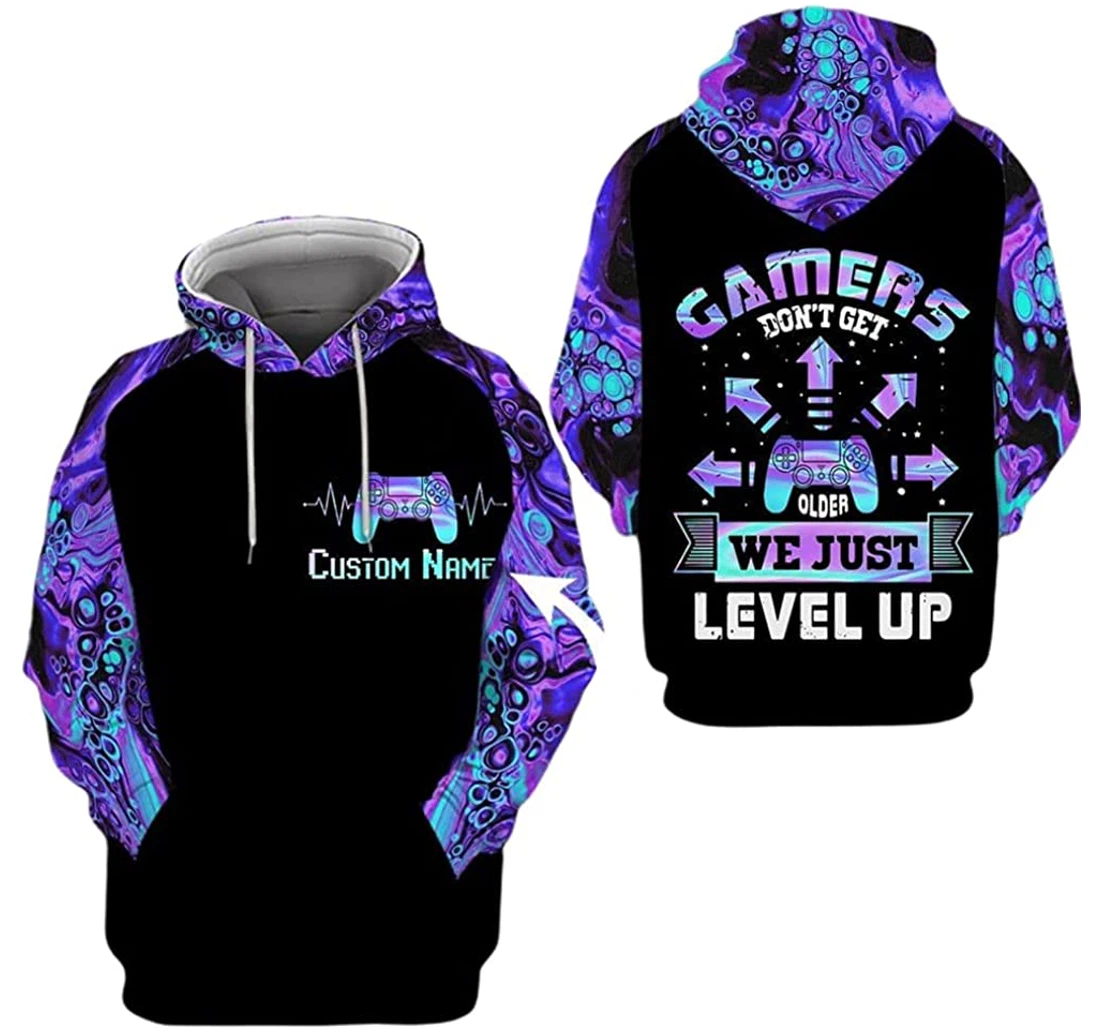 Personalized Name Purple Gamers Don't Get Older We Just Level Up - 3D Printed Pullover Hoodie